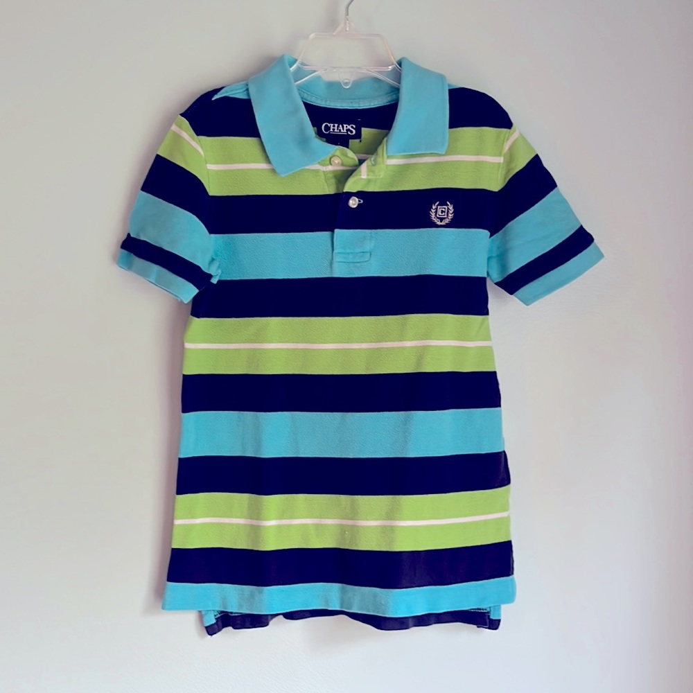 Chaps Striped Polo Shirt Turquoise/ Bright Green/Navy Size 7